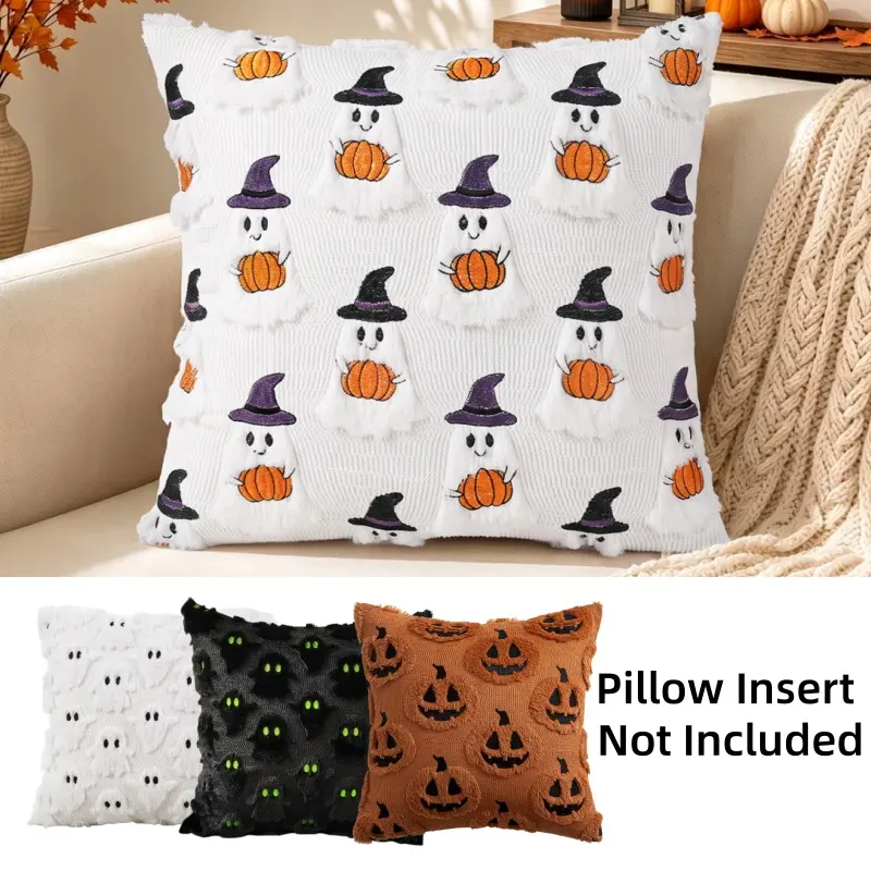 [Back to School]1pc Cute Ghost & Pumpkin Halloween Throw Pillow, Cozy White Fuzzy Plush Cushion Cover, Spooky Season Home Decor, Autumn Fall Tufted Decorative Pillows for Sofa, Couch, Bed, Room-MM1