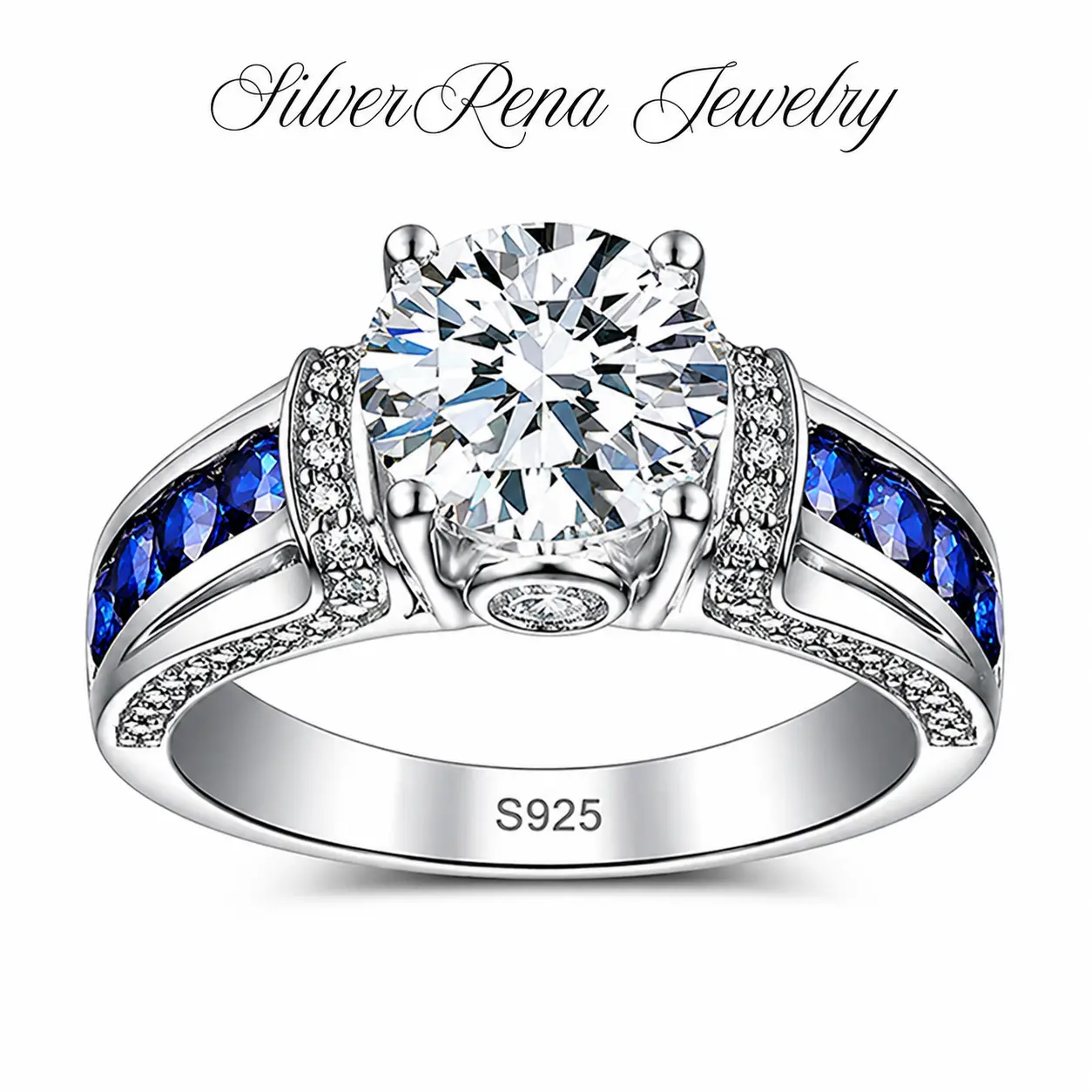S925 Cut CZ Ring with Synthetic Sapphire Ring, Elegant and Luxurious Zirconia Jewelry for Women, Engagement Ring for Girls, Wedding Ring for Lover, Perfect for Suit and Daily Wear, Birthday Gift for Friends with Box, Mother‘s Day