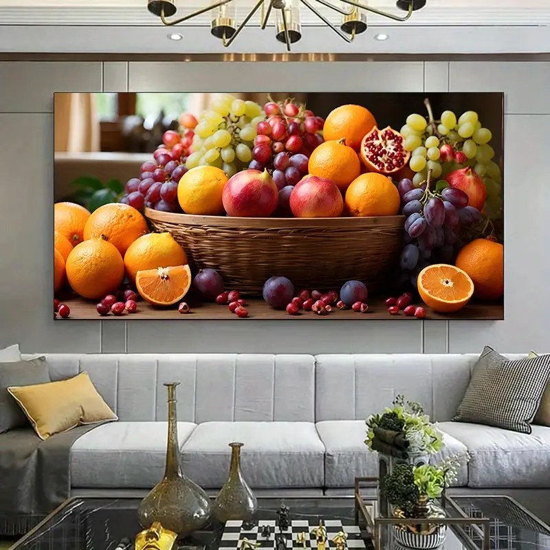 1 piece framed canvas painting, large canvas art, vibrant fruit basket painting with grapes, oranges, pomegranates and apples, suitable for living room, bedroom office decoration.