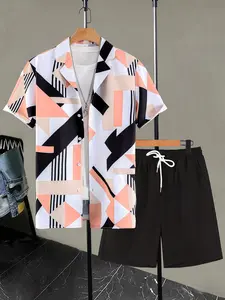 Men's Geometric Print 2-Piece Casual Outdoor Set - Short Sleeve Camp Collar Shirt & Black Drawstring Shorts, Breathable Lightweight Fabric, Loose Fit for Hiking, Beach Days & Summer Outdoor Activities