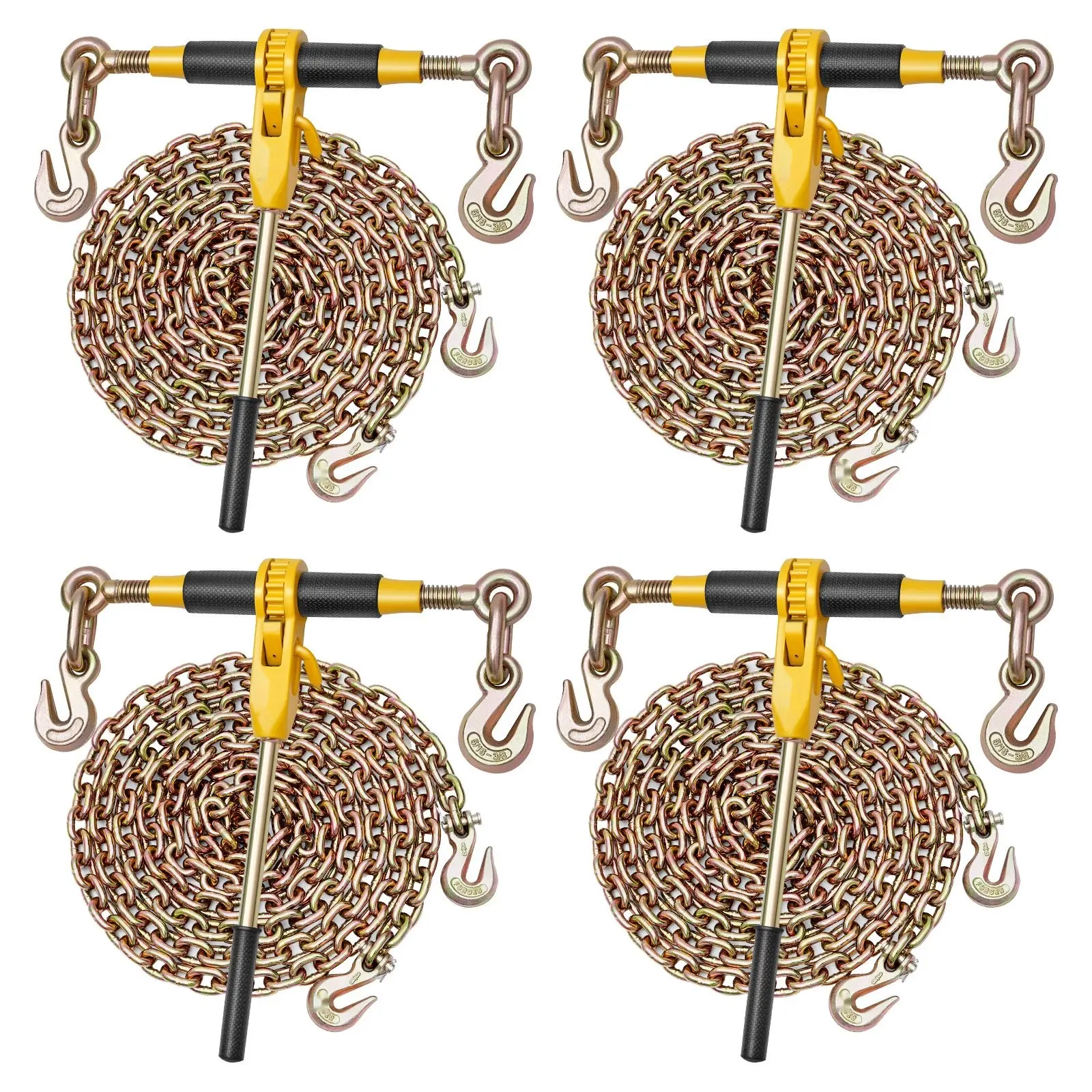 Ratchet Chain Binder Set, 5/16 In By 12.8 Ft G80 Chains With 8000 Lb Working Load, Heavy Duty Tie-Down System For Hauling, Towing And Logging, Includes Four Binders And Four Chains For Reliable Transport And Secure Haul