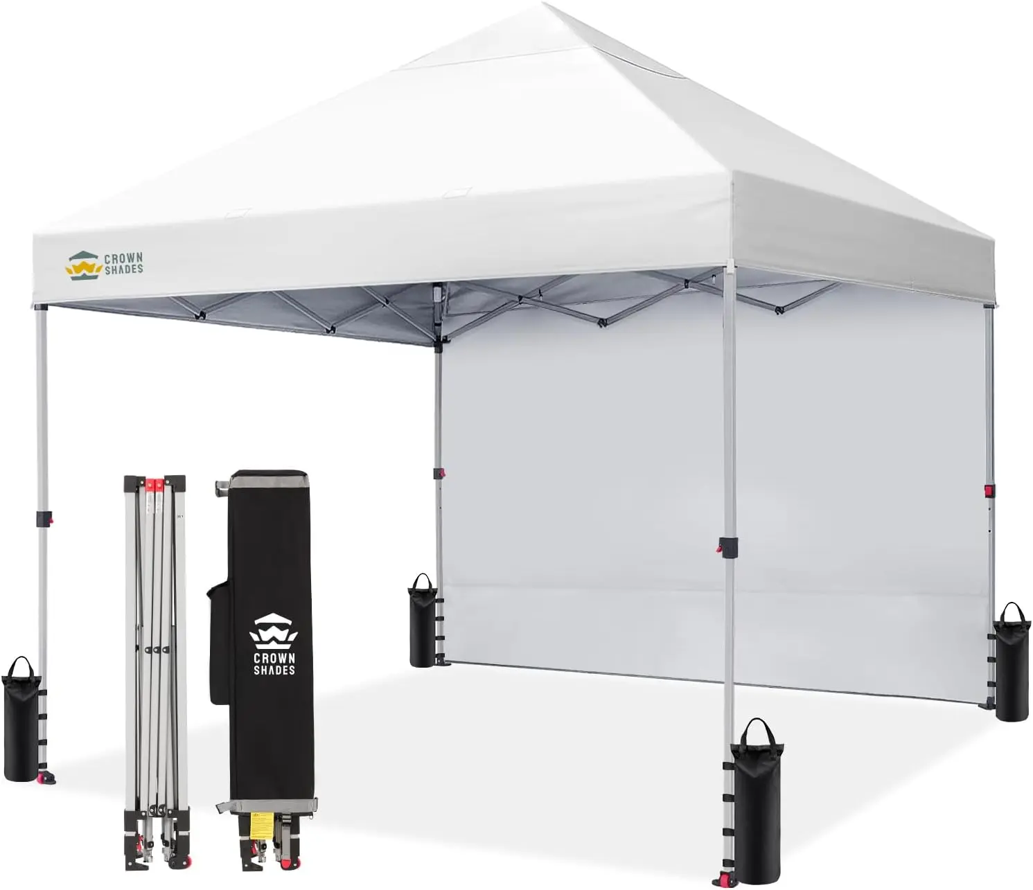 CROWN SHADES   8x8FT  Pop Up Canopy with 1 Side Wall - Beach Tent with One Push Setup - Outdoor Sun Shade for Events, Parties, Camping - Gazebo with STO-N-Go Cover Bag, Grid White