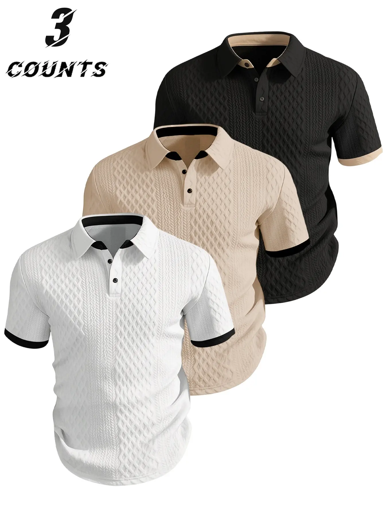 American Business Casual Classic Style Button Up Plain Polo Shirt, Breathable Textured Fabric, Men's Daily Commute Short Sleeve T-Shirt Top Set, Three-Piece