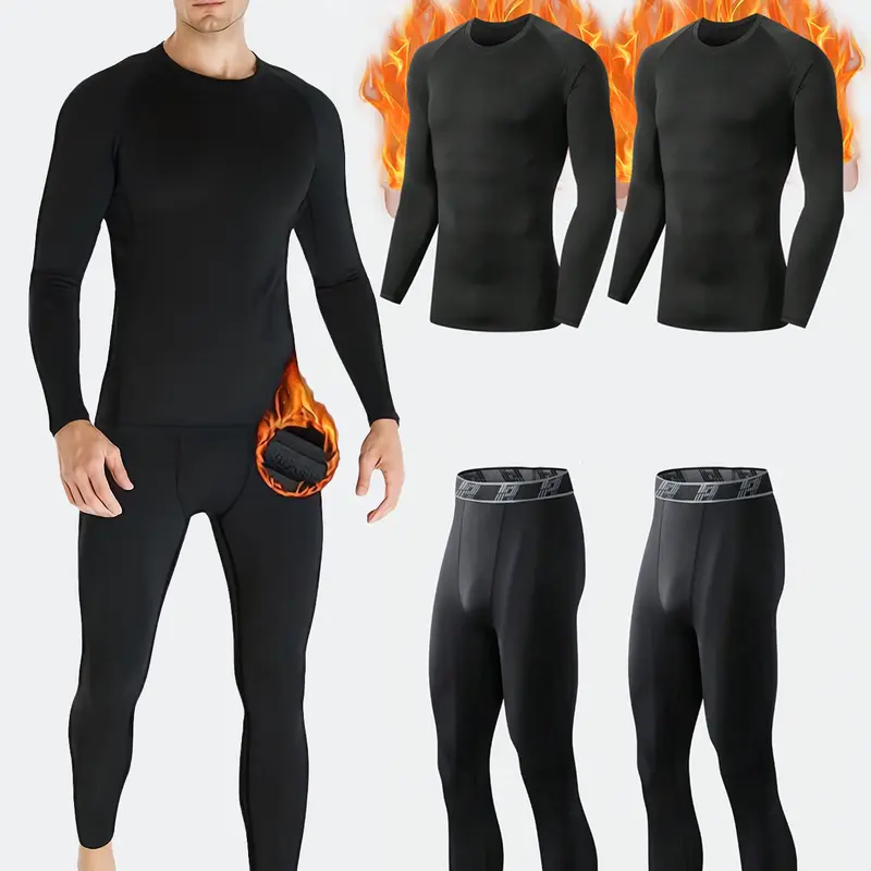 HOPLYNN Men's 2-Set Fleece-Lined Polyester Thermal Undergarments (4-Piece), High Stretch 4-Way Stretch Moves Freely, Snug-Fit, Comfortable, Flatlock Seams, Sweat-Wicking Athletic Base Layer for Cold Weather Camping, Snowboarding, Sleepwear
