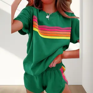 Women's Short 2-Piece Rainbow Strip Outdoor Sportswear Set - Loose Fit Crop Top & Bottoms, Solid Round Neck, Short Sleeves, Lightweight Breathable Blend Clothing, Baby Blue, Baseball Use, Light Spandex Women's Clothes tiktokshopspringglowup, 2 Piece Sets,