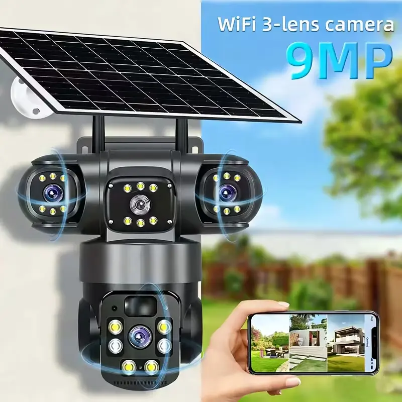 Outdoor Wireless Solar-Powered Security Camera - 4K/9MP HD, 2.4GHz Wi-Fi, 360° Pan-Tilt Panoramic, Triple Lens, PIR Human Detection, Alarm Push Notifications, Color Night Vision, 2-Way Audio, IP66 Waterproof, Solar/USB Charging, for Homes/Businesses