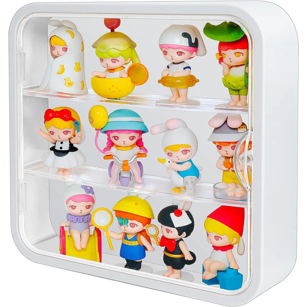 Display Case for Figures, 3 Tiers Clear Wall-Mounted Doll Storage Box, Acrylic Dustproof Action Figure Display Case with Magnetic Door Fit for Collectibles Mini Toys Lego Pop Mart, White