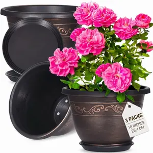 3-Pack 10-Inch Plastic Plant Pots with Trays and Drain Holes, Vintage Lightweight Indoor/outdoor Garden Containers, Ideal for Succulents and Small Plants, Plastic Flower Pot
