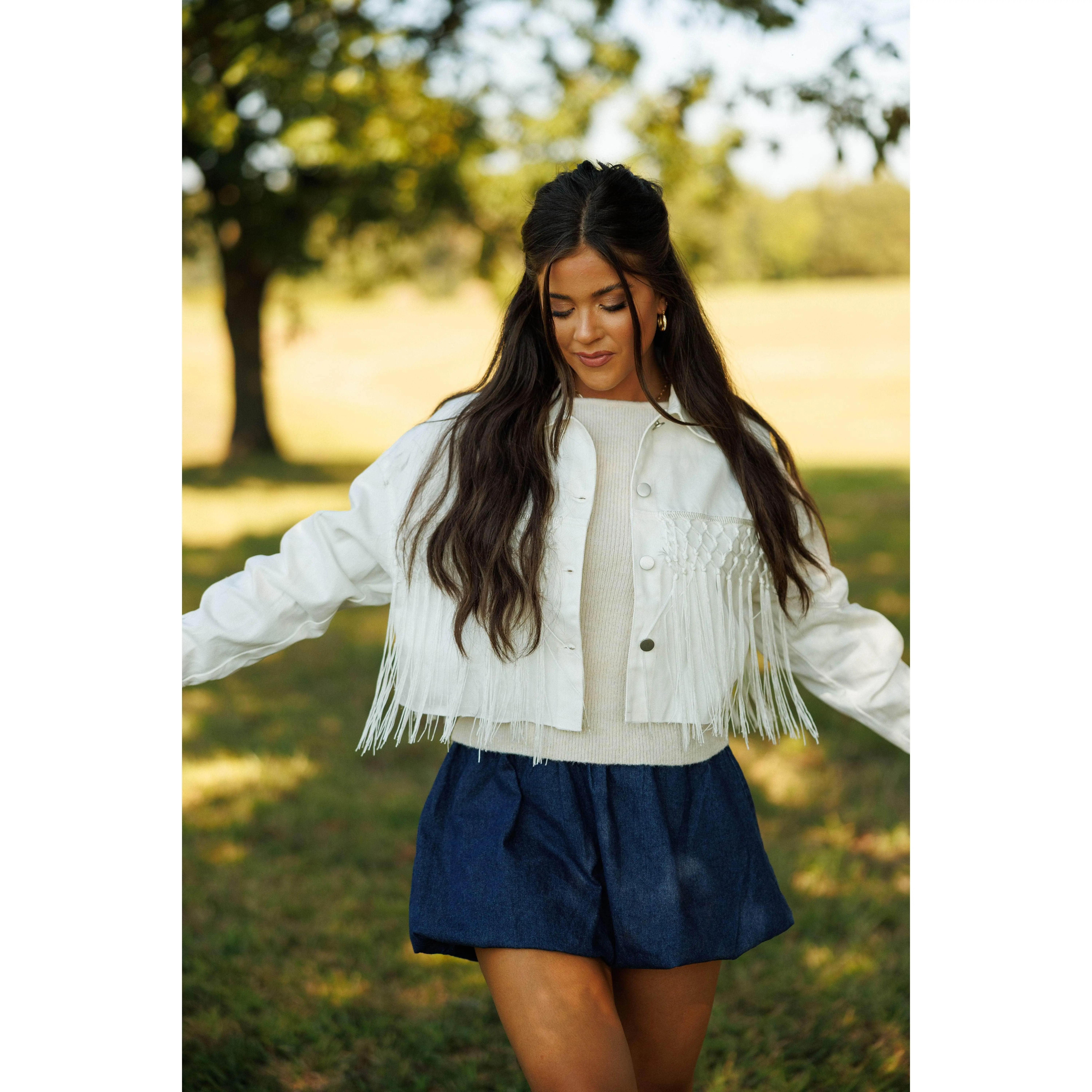 Women's Crochet Cotton Blend Denim Coat - Boho Short Crop Boxy Fit Jacket with Fringe, Button Front for Wedding, Casual, Country Concert Outfit, Punchy Western Outfit