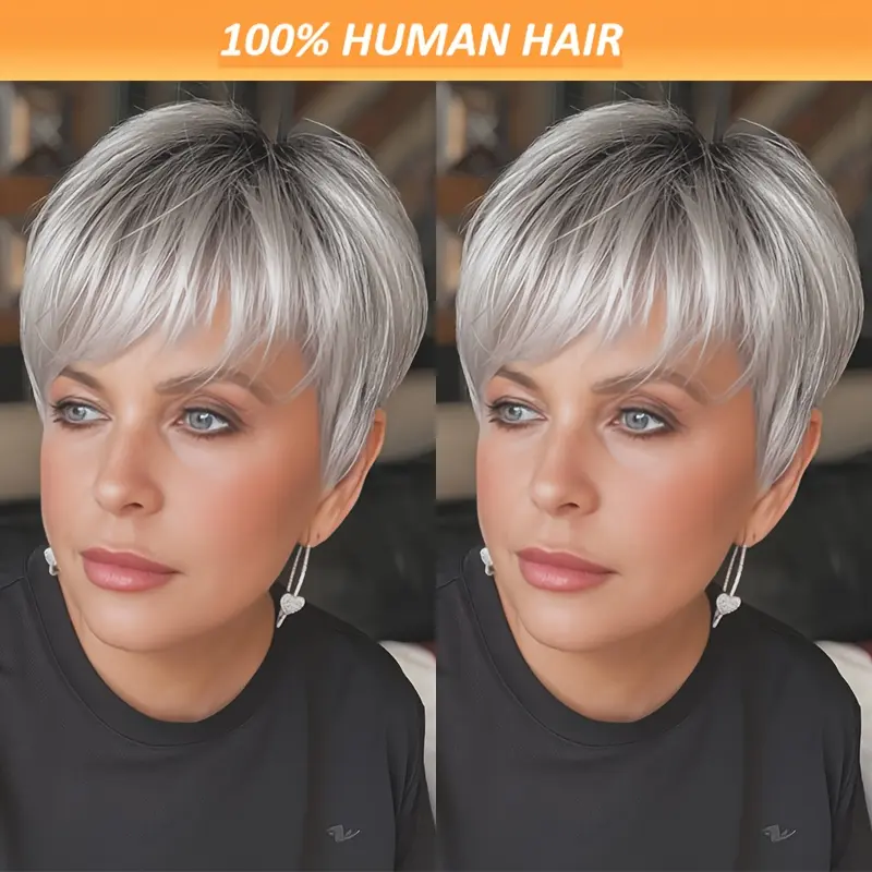 Silvery Pixie Cut Wig for Women, 6in/15.24cm Short Remy Human Hair with 150% High-Density, Full Machine-Made Rose Net Cap, Female, Real Human Hair, 6 In, Chic Human Hair Full Machine Wigs