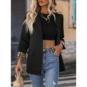 Women’s leopard patchwork open-front blazer, elegant casual long-sleeve outerwear for work, office, and business, ladies’ spring and fall clothing