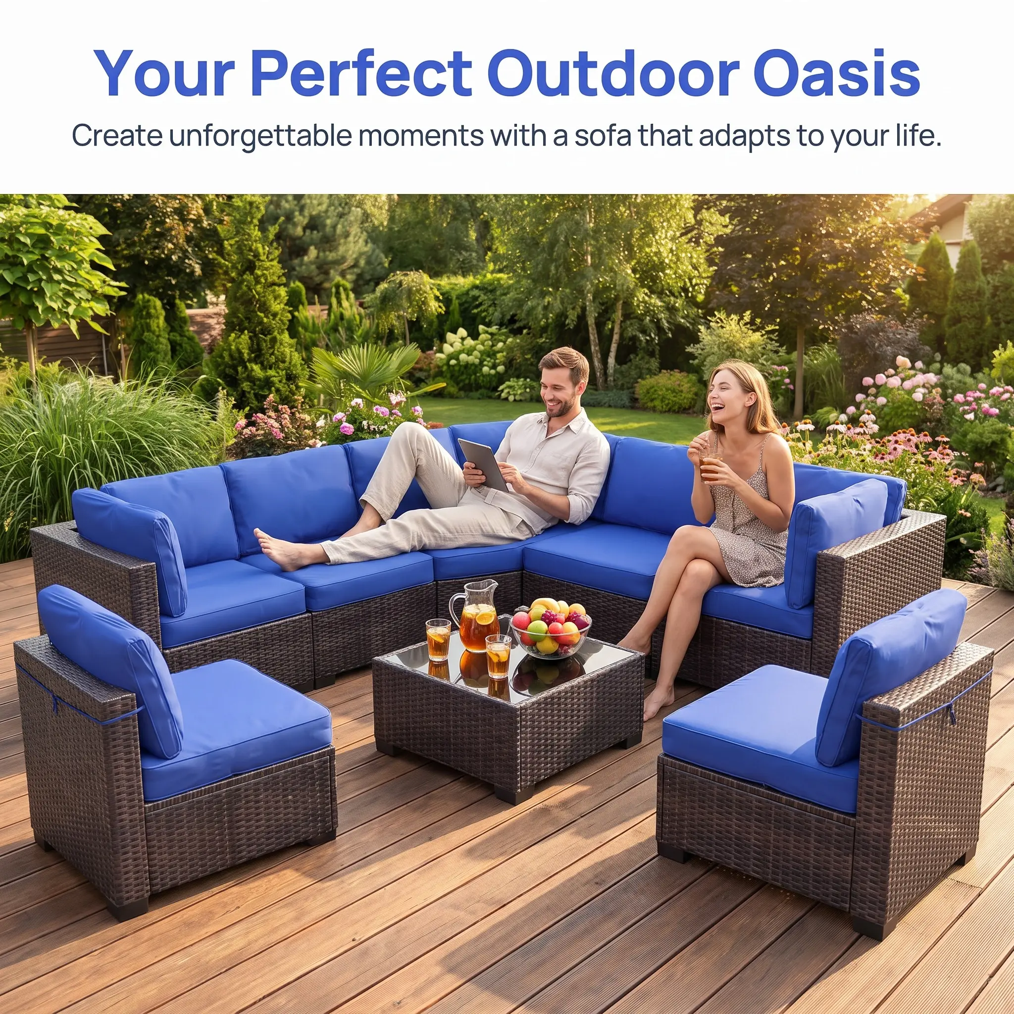 Garvee 7-Piece Patio Sectional Sofa Set - Wicker Rattan Outdoor Furniture with Cushions & Glass Coffee Table, Waterproof Conversation Set for Garden, Backyard, Porch, Poolside