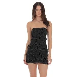 Mesh Rhinestone Strapless Ruffle Dress in Black