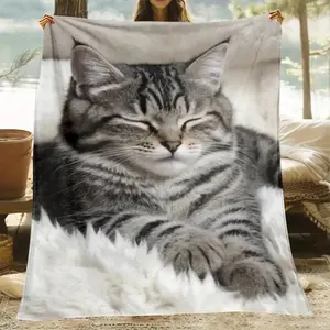 1pc Cozy Sleeping Kitten Print Fleece Blanket - All-Season Polyester Throw for Sofa, Bed, Travel, Living Room - Soft Knit, Machine Washable, No Power Needed - Ideal Gift for Family or Friends