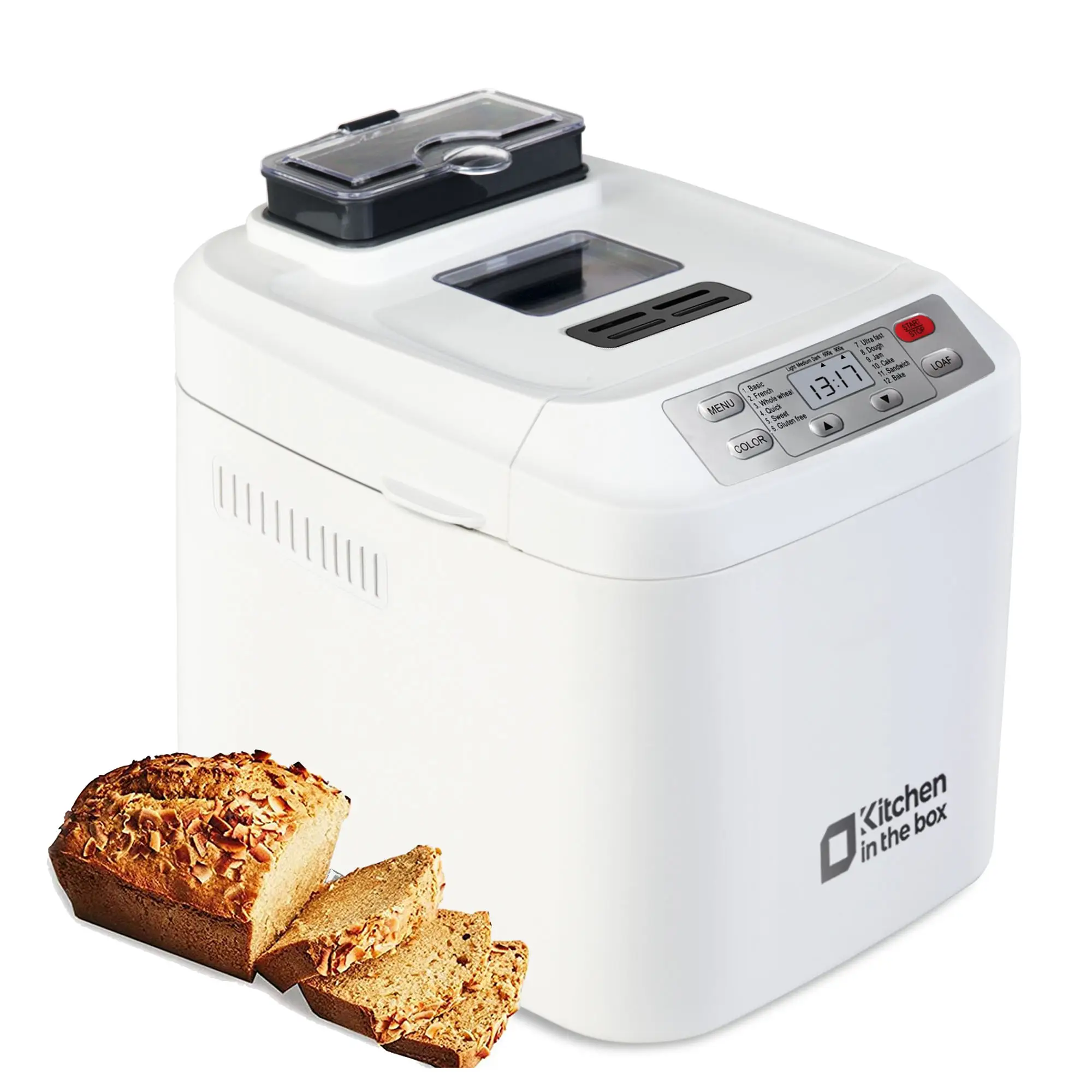 Automatic Bread Maker, Up to 2LB, 12-in-1 Bread Machine with Auto Fruit Nut Dispenser, 13 H Timer, 1 H Keep Warm, Gluten-Free, 3 Crust Colors, White