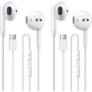 BASIC SUPPLY 2 Pack of USB C Headphones For iPhone 17,17 Pro,17Pro Max,16,16 Pro,16 Plus,16 Pro Max,15,15 Plus,15 Pro Max,USB Type C Earphones HiFi Stere, White Wired Earbuds with Microphone & Volume Control