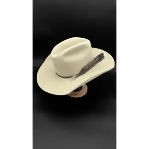 Rider Cattleman's Choice Hat - 100% Rabbit Felt with Dark Brown Suede Cord & Large Turkey Feather - Sahara Color - Hand-Made Cowboy Cutter Brim - Size 7 3/8