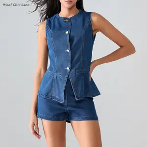 Women's denim corset vest - sleeveless and collarless fitted denim vest vest vest vest with Peplum hem, Y2K streetwear (S-XL)