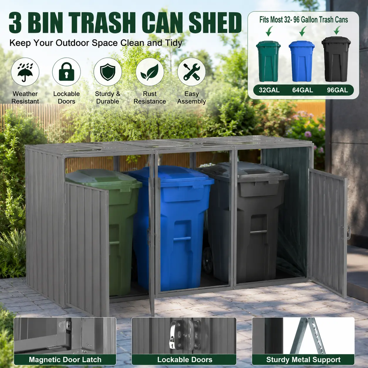 Garbage Bin Shed Stores 3 Trash Cans Metal Outdoor Storage Box Stainless Galvanized Steel Heavy Duty Triple Waste Bin Enclosure Hideaway Cabinet for Garden Yard Lawn Outside Weather Resistant Clearance