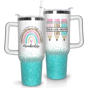 40oz Teacher Tumbler with Handle, Stainless Steel Teacher Water Bottle Cup, Teacher's Travel Coffee Mug, Thanksgiving,Christmas,Graduation Gifts for Teachers