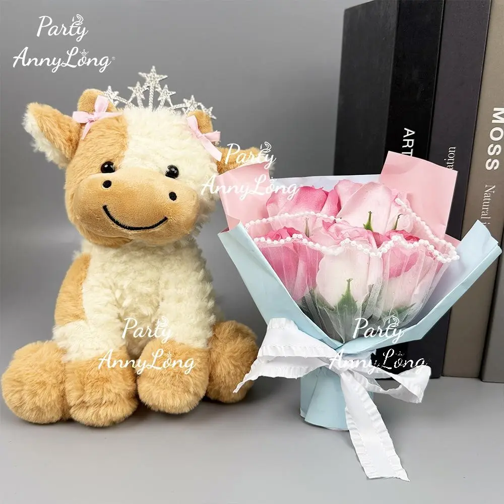Cute Cow Plush Toy with Charming Realistic Flowers, Adorable Farm Animal Soft Stuffed Doll for Home Decoration and Gifts, Polyester Material, Cute Cow Design, Soft Cuddly Gift, Stuffed Farm Animals