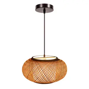 CNCEST Elegant Bamboo Chandelier Ceiling Hanging Lamp Hand-Woven Rattan Yellow Lantern Pendant Light Fixture Rustic Farmhouse Style 110-220V Down Lighting E26 Bulb Not Included