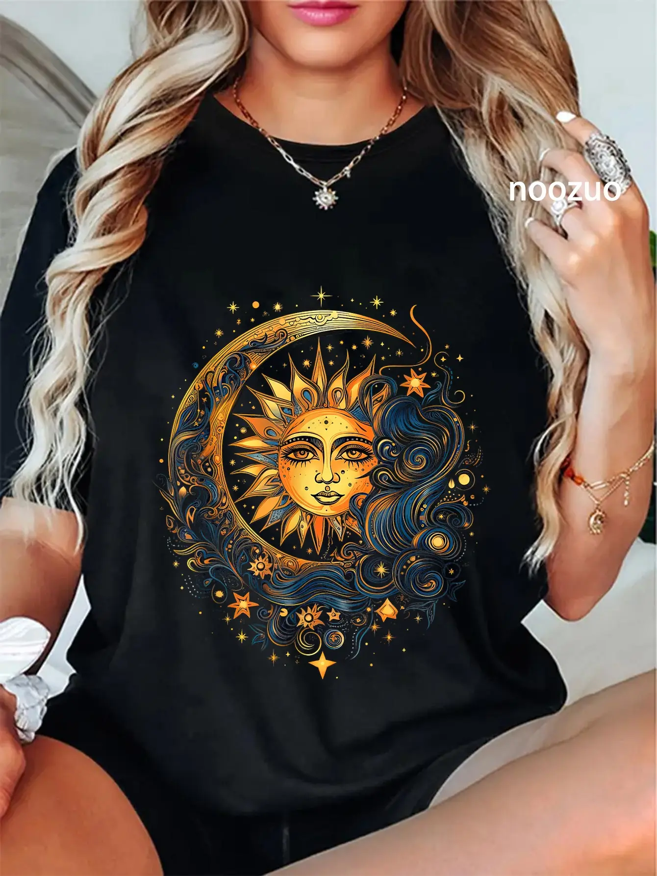 Women's 100% Cotton Graphic T-Shirt, Vintage Style with Mystic Sun & Moon Print, Casual Short Sleeve Crew Neck for Everyday Wear, Tshirt, Women's Clothes, Tops, T Shirts, Comfy Casual, Vintage Graphic Tees, Colorful Style
