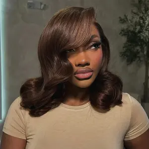 Chocolate Brown Colored Wavy BOB Wig 13x4 Lace Frontal Wig 180% Density Human Hair Bob Wigs For Women  #4 Colored Short BOB Human Hair Wigs Loose Wave Hairstyle Bouncy Wavy Bleach Knots Transparent Lace Pre-Plucked With Baby Hair