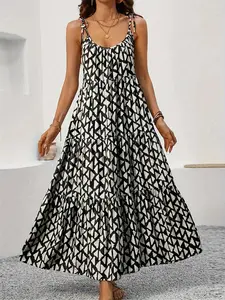 Women's All Over Geometric Print Cami Dress, Casual Sleeveless Spaghetti Strap Tiered Layer Dress for Summer, Bohemian Print Dresses, Ladies Clothes for Beach Holiday, Bohemian Casual Wear