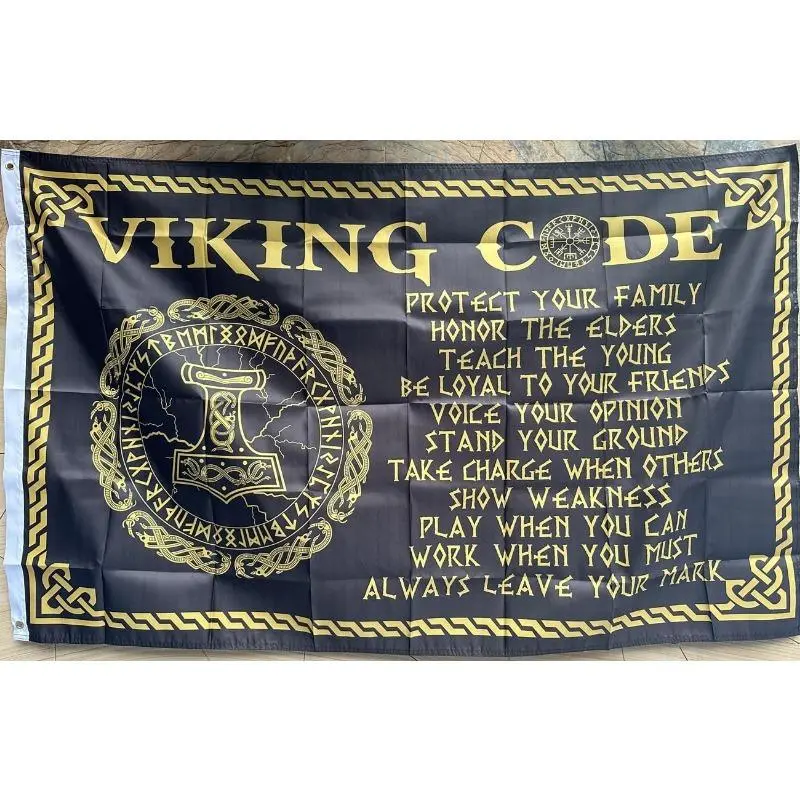 Viking Codex Decorative Banner - Large Size Mythology Decor Tapestry, Norse Themed Black Background with Red Text, Man Cave Hanging, Viking Men's Gift for Indoor Living Room Visual Impact