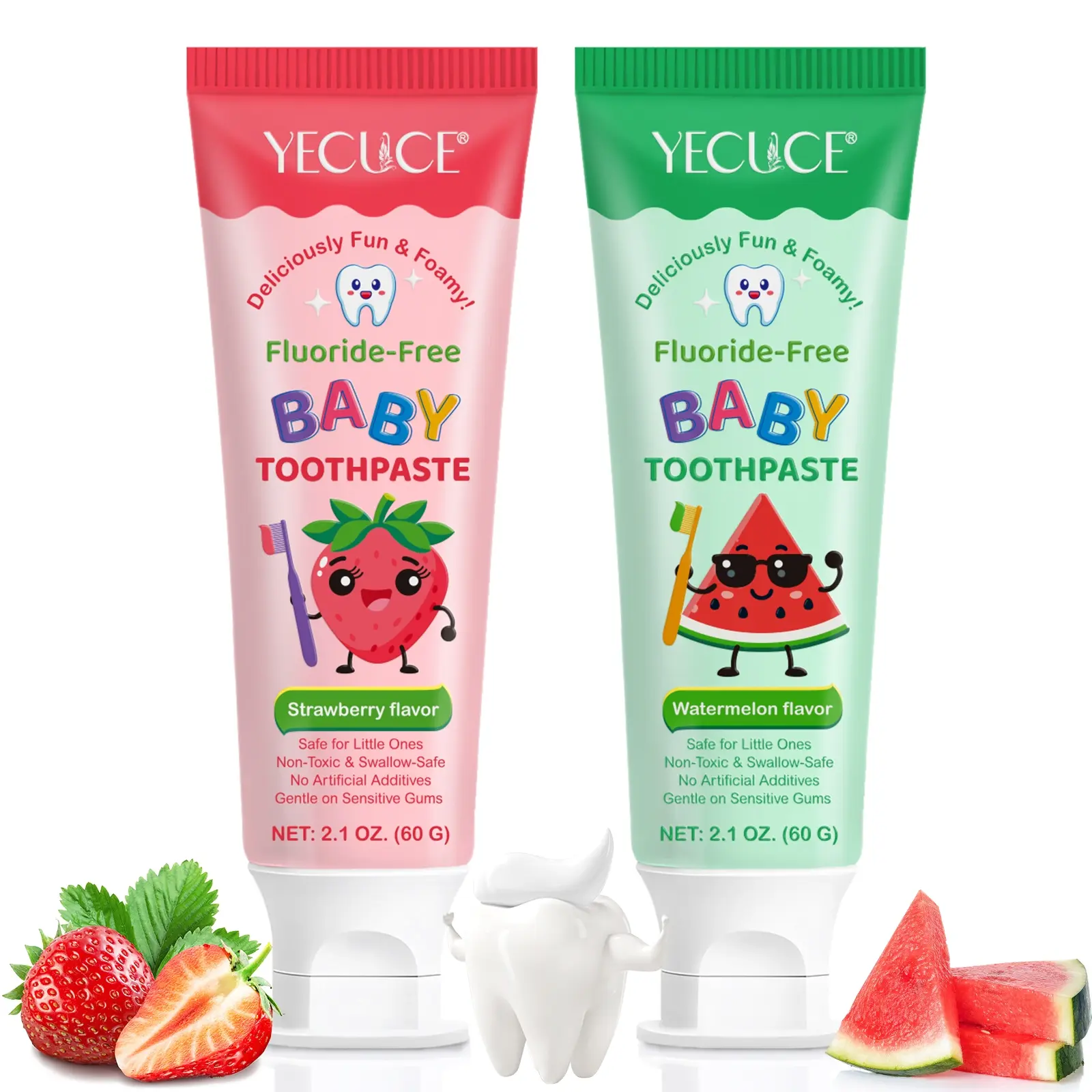 Yecuce Kids Healthy Toothpaste 60g with Strawberry and Watermelon Flavor, Natural Ingredients for Cavity Protection and Gentle Care, Suitable for Ages 2 and Up