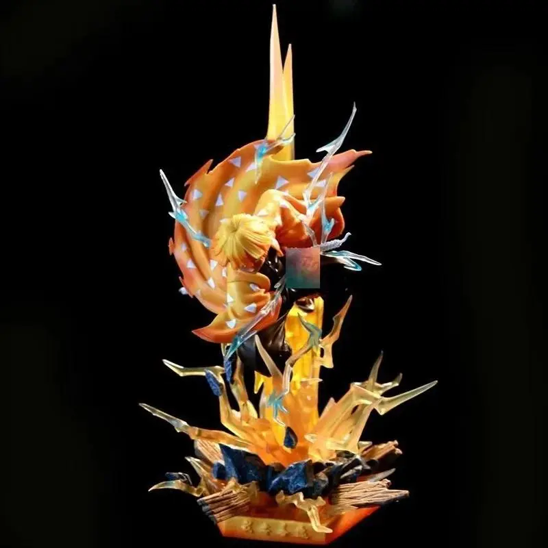 Demon Slayer Gk Simplified Agatsuma Zenitsu Thunderbolt Flash Double Head Carving Scene Can Shine Statue Model Boys Toys Gifts