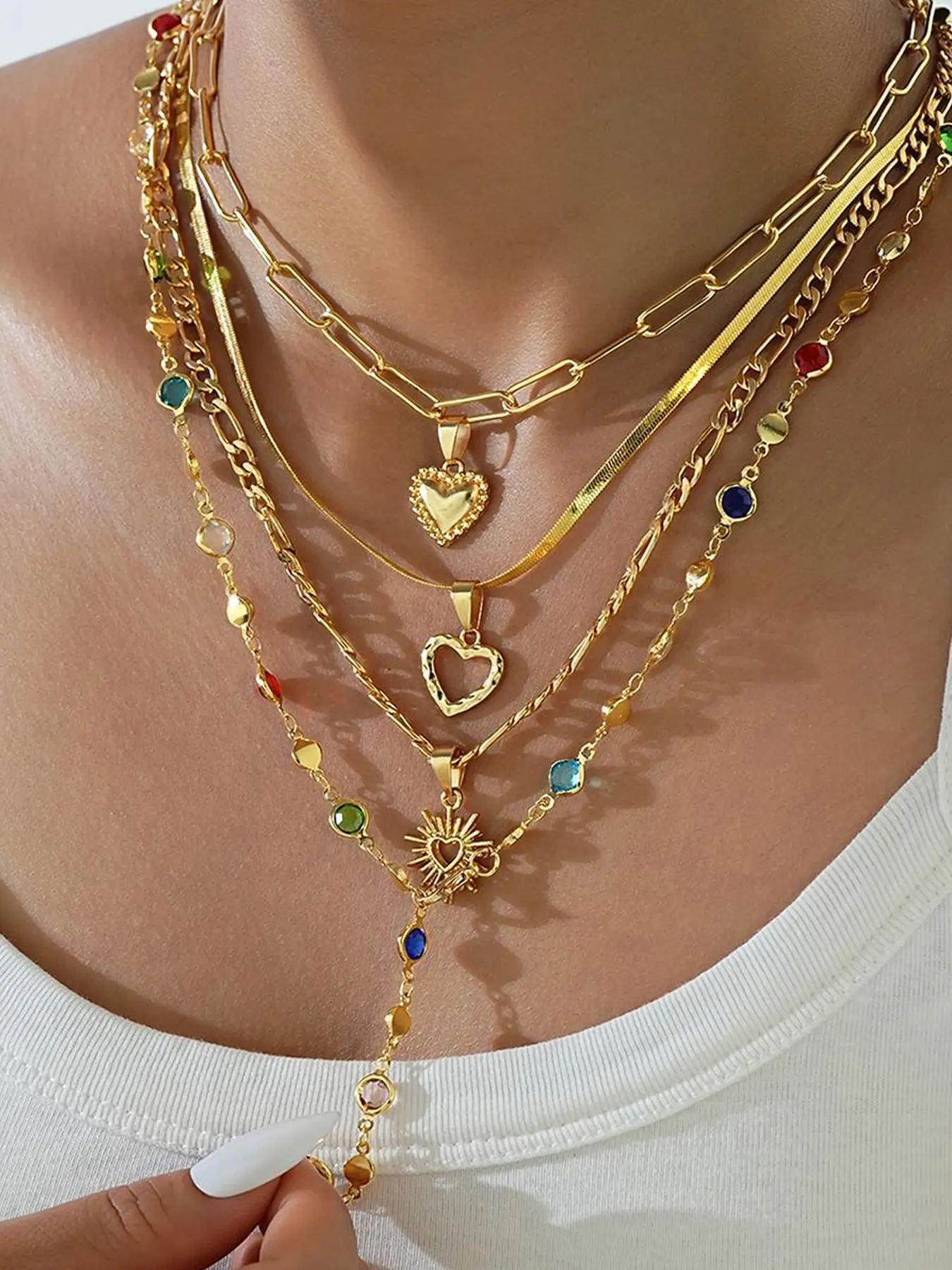 Vintage Snake Bone Chain Heart Pendant Colorful Crystal Multi-Layer Necklace Set, Women's Party Versatile Long Fringe Necklace, Heart Shaped Necklace, Heart Pendant Necklaces, Trendy Necklace, Layered Necklace, Necklace Stack, Stackable Necklace