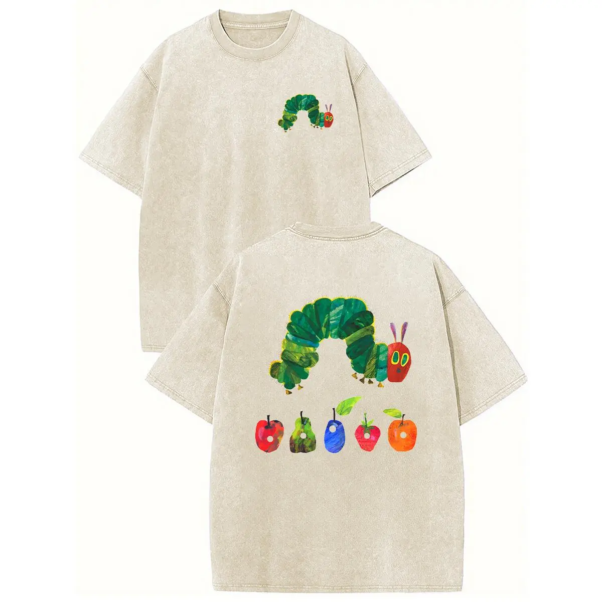 Sunland Acid Wash Vintage "The Very Hungry Caterpillar"Two-Sided Print T-Shirt,Heavyweight Cotton Streetwear graphic vintage tees Menswear Womenswear Crewneck Tshirt Fit