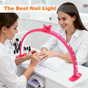 Half Moon Light for Nail Desk with Phone Holder, 28IN Folding Half-Moon Light wit10h Shinning Diamond, LED Lamp for Nail Art, Eyelash Extension, Tattooing, Skin Management, 10 Brightness Levels