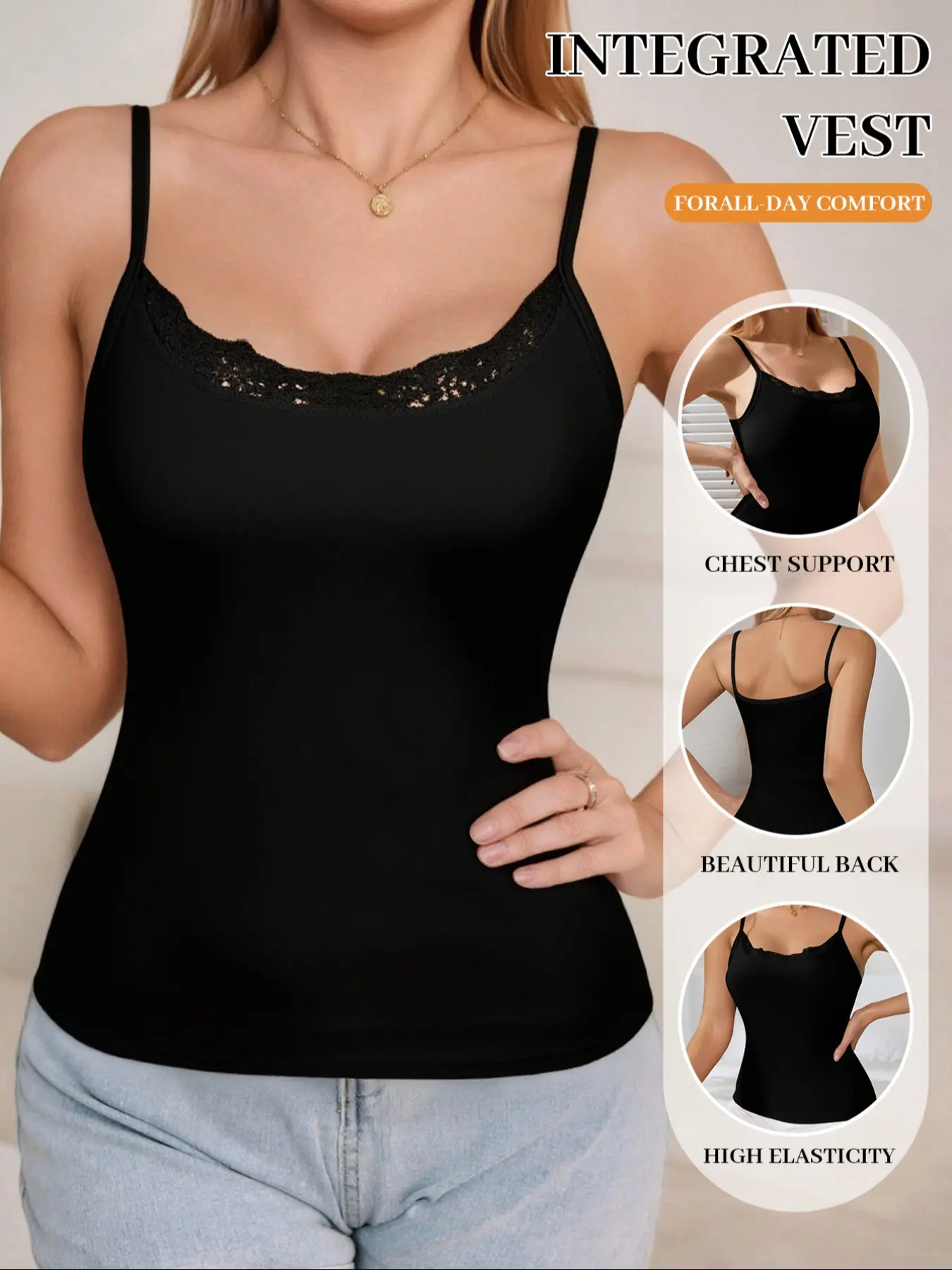 Lace Embellished Seamless Tank Top, Tank Style, Elegant Spaghetti Strap, Lightweight Comfortable Slimming Shaping, All-Day Wear, Elegant Sexy, Multiple Colors Available