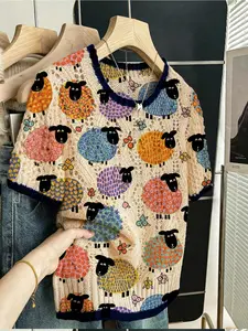 Women's Vintage Farmhouse Style Sheep Print Sweater, Round Neck Short Sleeve Knit Top, Casual Breathable Hollow Design, All Seasons Wear Knitwear