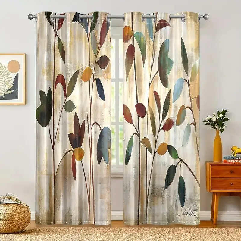 Vintage Watercolor Plant Print Curtains, 2 Piece Set, High Quality Semi-Transparent, Digital Print Home Textiles, Semi Sheer Curtain, Home Decorative Curtain, Home Decoration Curtain