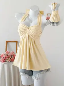Summer New Halter Neck Knot Backless Top, Bow Design Sleeveless Shirt, Stylish Aesthetic Casual Womenswear Summer Fashion Apparel for Women