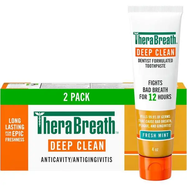 TheraBreath Deep Clean Toothpaste, Fresh Mint, 4 oz, 2-Pack | Kills 99.9% of Germs That Cause Bad Breath, Gingivitis & Plaque Protection, Gentle Teeth Whitening