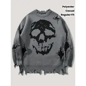 Men's Skull Print Distressed Fringe Crew Neck Sweater, Street Style, Polyester, Regular Fit, Long Sleeve, Halloween, Casual Knit Pullover for Fall/Winter