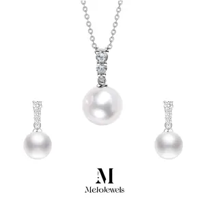 Natural Freshwater Edison Pearl Three Zircons S925 Silver Pendant and Earrings