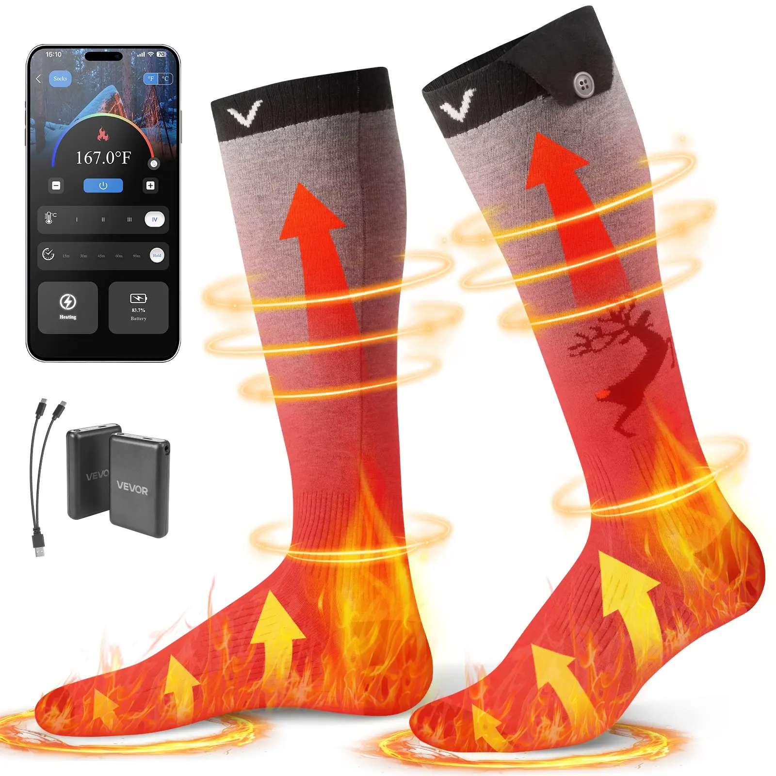 【Summerfinds】VEVOR Heated Socks, 6000mAh Battery Powered, Rechargeable Heating Socks with 4 Heating Levels, Electric Heated Sock with APP Control for Men Women, Foot Warmer for Hunting Riding Camping Hiking Tubesocks