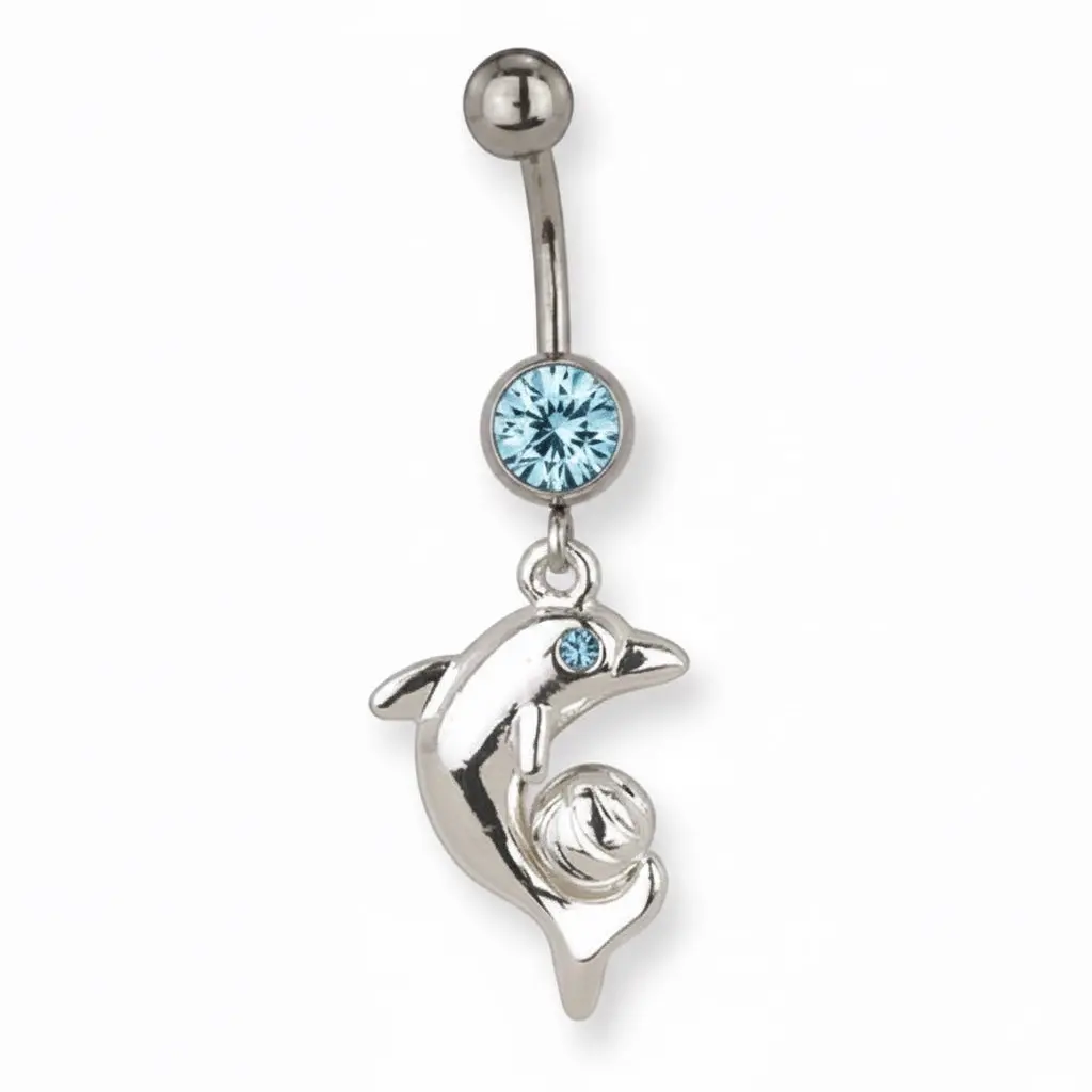 Surgical Stainless Steel Blue Crystal Dolphin Belly Naval Ring