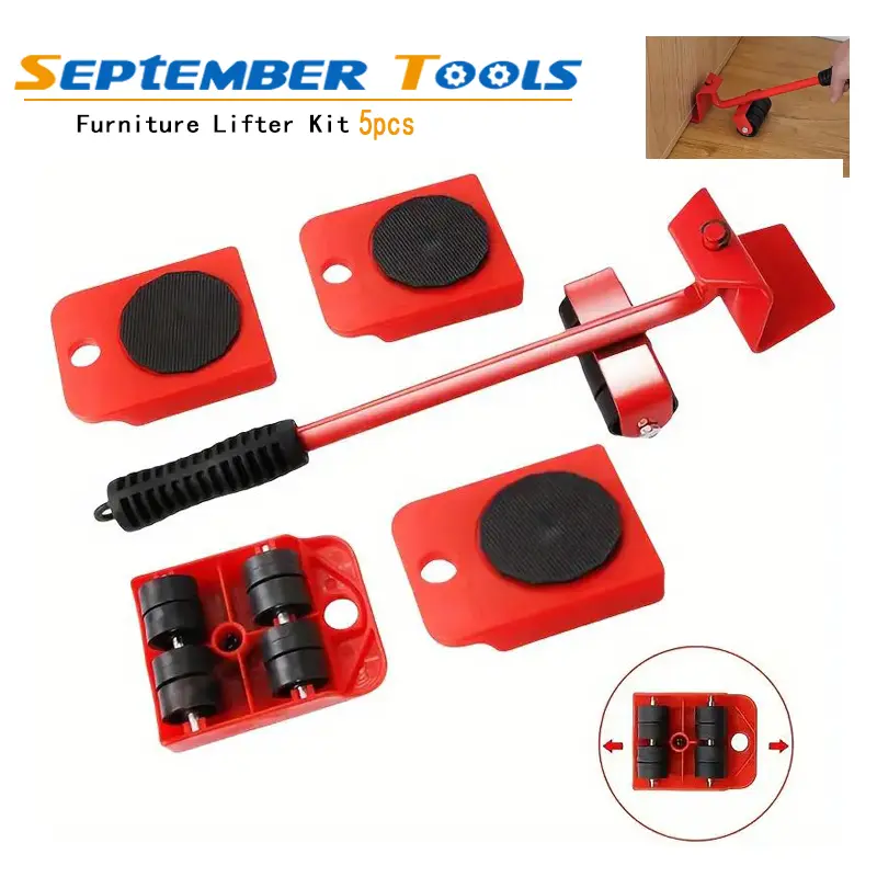 5pcs Heavy-Duty Furniture Lift Mover Sliders with Caster Wheels Set, 360° Rotatable Pads, ABS+Steel Handle, Easy Home Moving Hardware Tool Kit