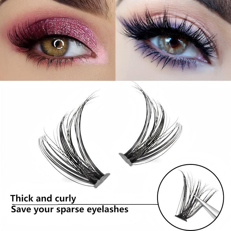 Mixed-length individual false eyelash set, natural makeup effect lash extension kit, includes lash tools, curled lash guide, classic lash extension look cat eye clusters