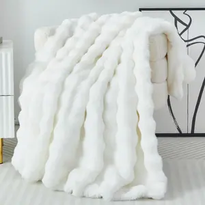 Faux  Throw Blanket for Couch Cozy Fuzzy Soft Plush Thick Fluffy Fleece Bubble Blanket for Sofa Bedroom Living Room, 51x63 Inches White