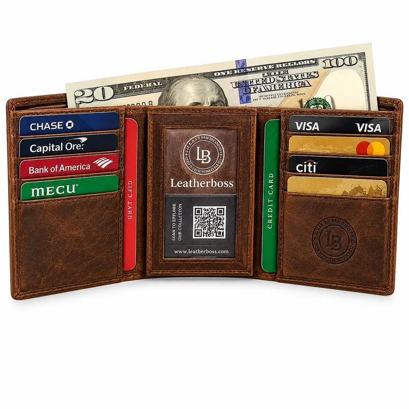 Leatherboss Men's Retro Genuine Leather Trifold Card Holder Wallet - RFID-Blocking, 10 Card Slots, 2 Cash Pockets, Compact, Elegant, Everyday Carry, Unique Gifts for Man, Dad Gifts, Bifold/Trifold Wallet, Any Occasion