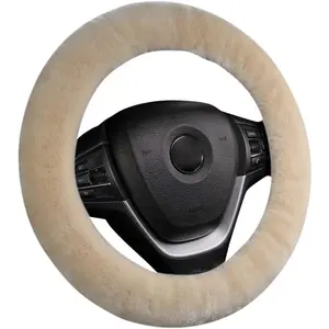 Soft Fluffy Warm Genuine Sheepskin Cover For Car Steering Wheel, Fuzzy Fur Wool Protector For Winter, Universal For Car 14 1/2inch-15 1/2inch, Anti-Slip Comfortable Auto Accessories (Pearl)