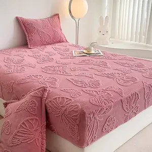 Pure Color Jacquard Bed Sheet Set, Soft Velvety Fabric, King Queen Size, Deep Pocket Anti-Slip, Includes 1 Fitted Sheet & 2 Pillowcases, Bed Sheets Set